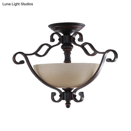 Rustic Red Brown Scroll Ceiling Lamp With Bowl Frosted Glass Shade - 3 Heads Semi Mount Lighting For