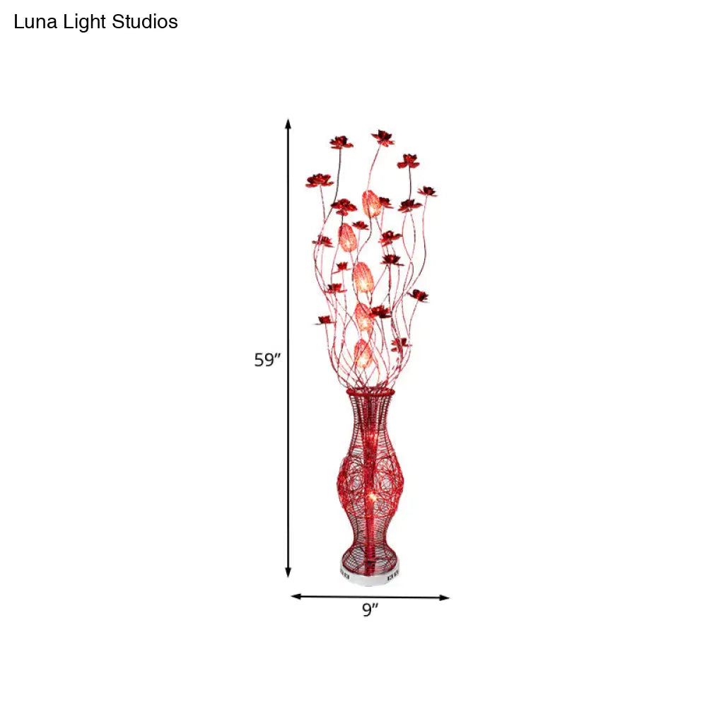 Red Curvy Floral Aluminum Led Floor Lamp With Urn Pedestal - Stylish Bedroom Decor