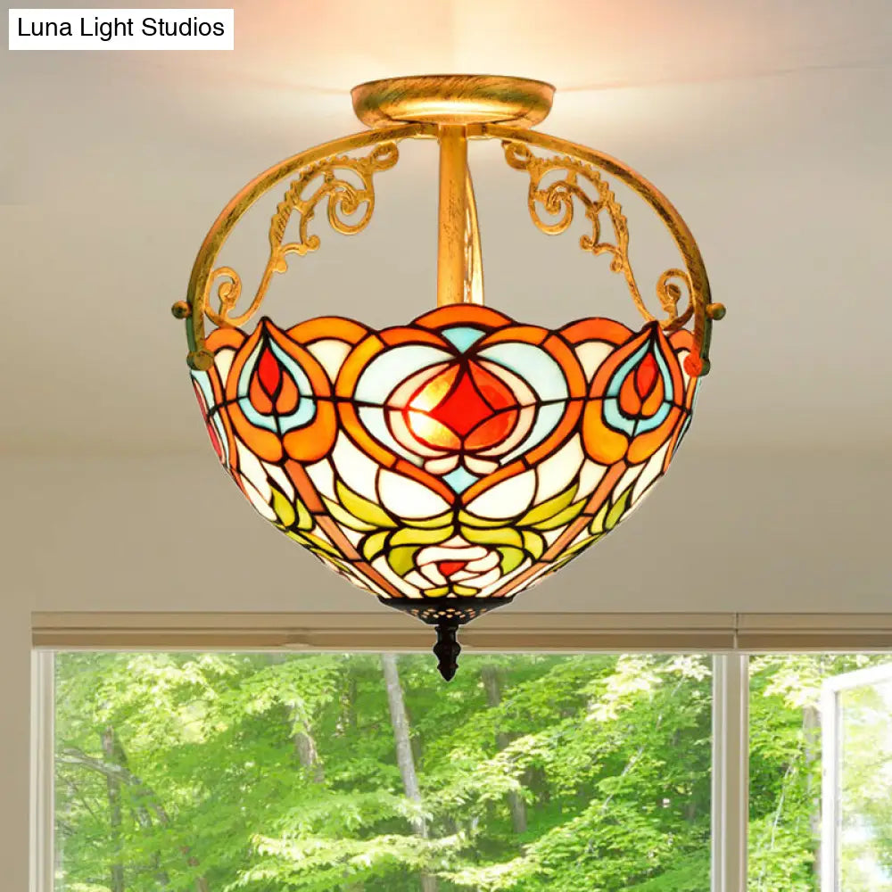 Red Cut Glass Petal Semi Flush Ceiling Lamp For Bedroom 2/3 Lights