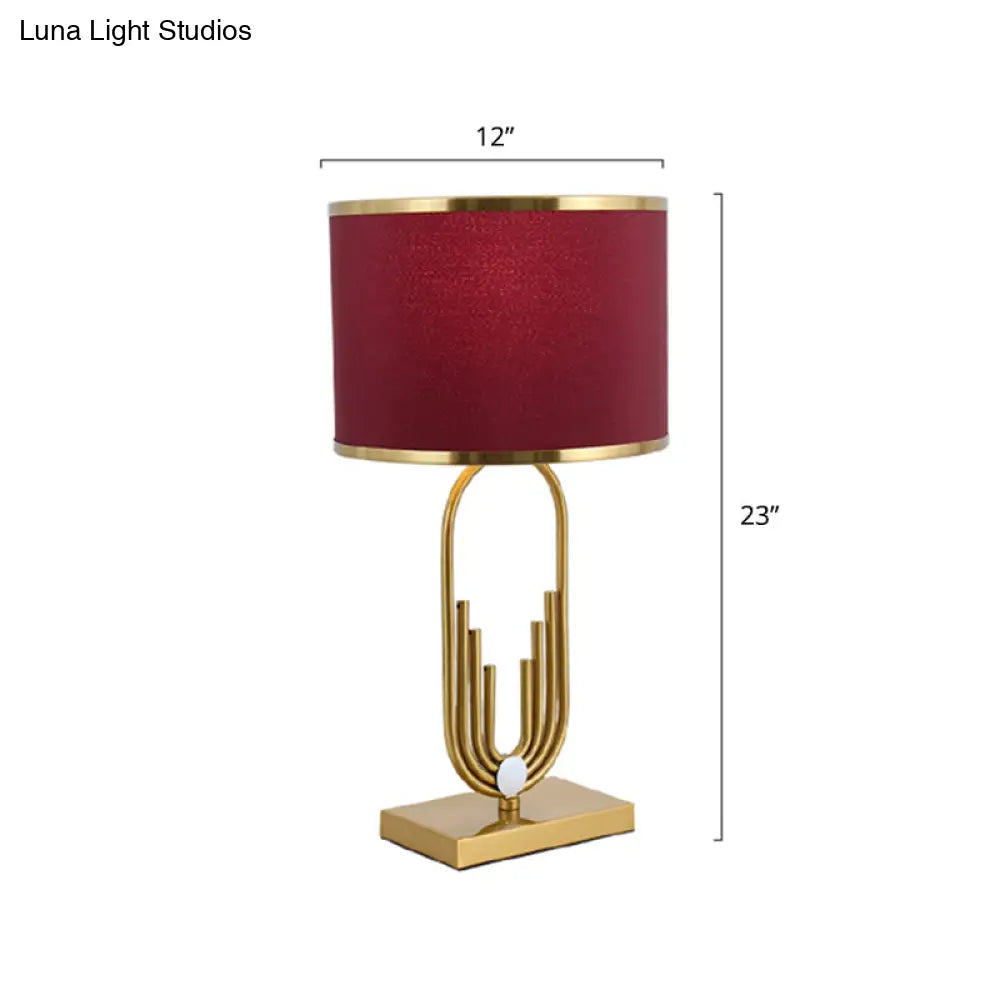 Red Fabric Drum Nightstand Lamp: Simplicity 1 Bulb Bedside Table Lighting For Living Room