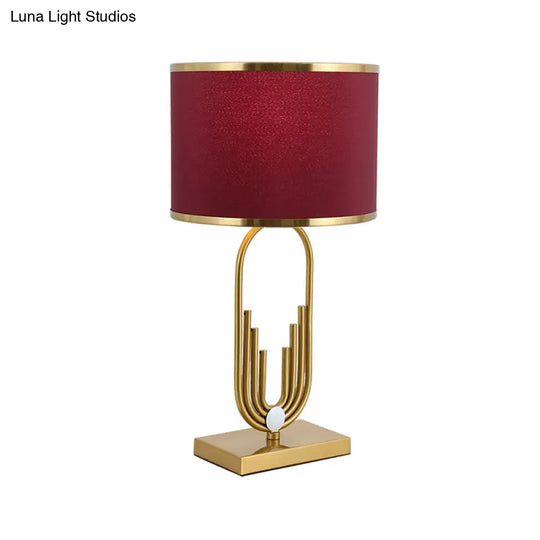 Red Fabric Drum Nightstand Lamp: Simplicity 1 Bulb Bedside Table Lighting For Living Room