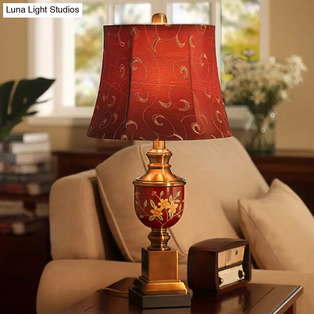 Red Fabric Nightstand Lamp With Empire Shade - Countryside Style Table Light For Bedroom