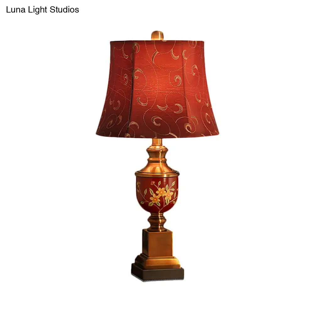 Red Fabric Nightstand Lamp With Empire Shade - Countryside Style Table Light For Bedroom