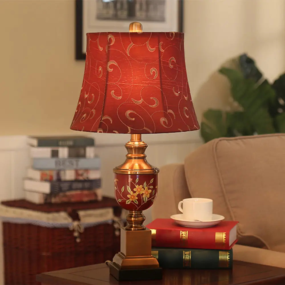 Red Fabric Nightstand Lamp With Empire Shade - Countryside Style Table Light For Bedroom