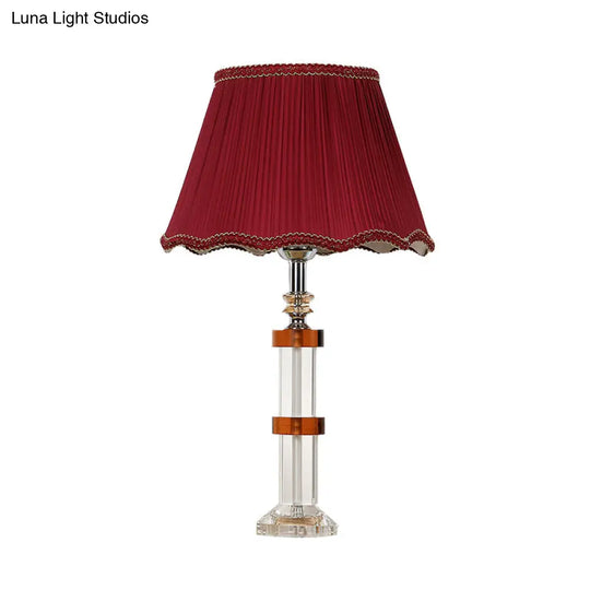 Red Fabric Shade Crystal Rectangle Night Lamp - Simple 1 Light Bedroom Table