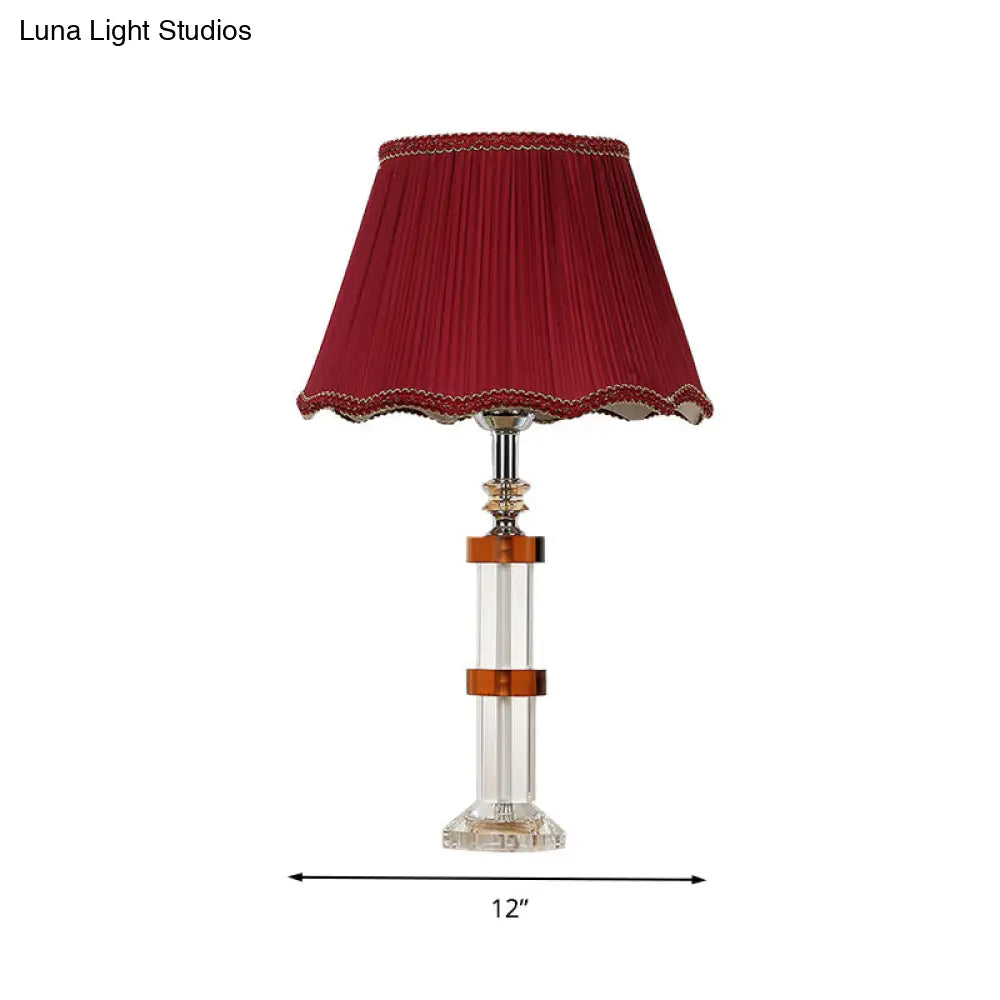 Red Fabric Shade Crystal Rectangle Night Lamp - Simple 1 Light Bedroom Table