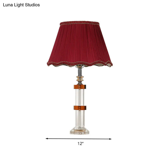 Red Fabric Shade Crystal Rectangle Night Lamp - Simple 1 Light Bedroom Table