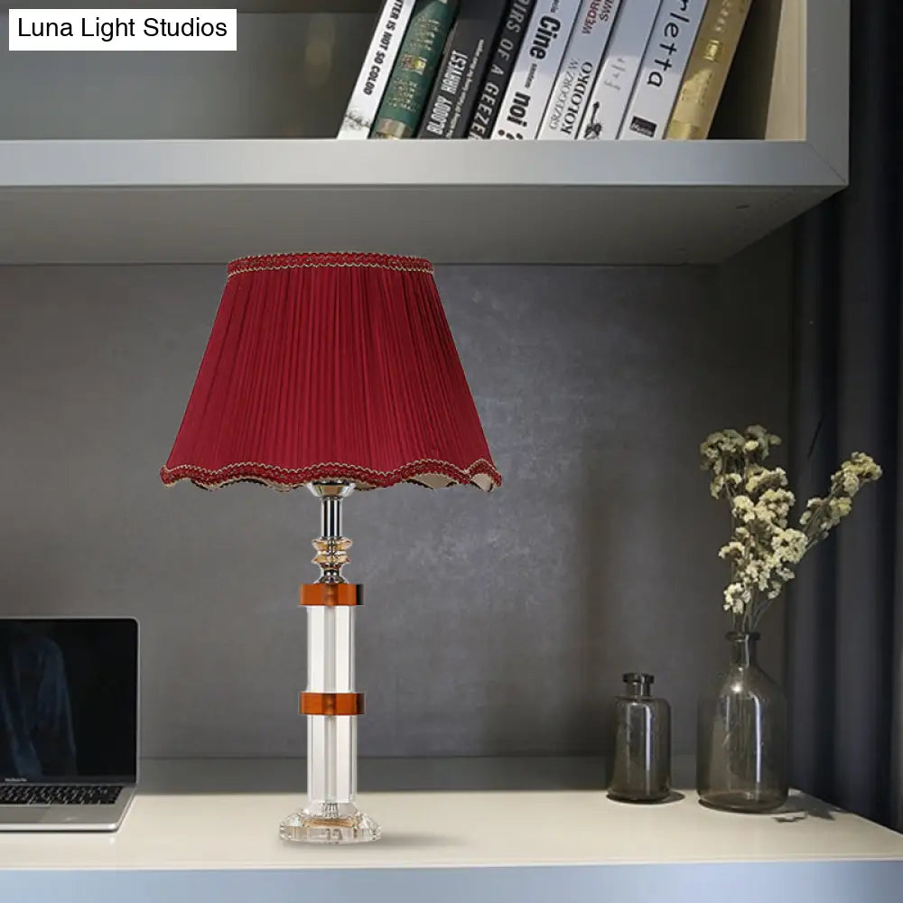 Red Fabric Shade Crystal Rectangle Night Lamp - Simple 1 Light Bedroom Table