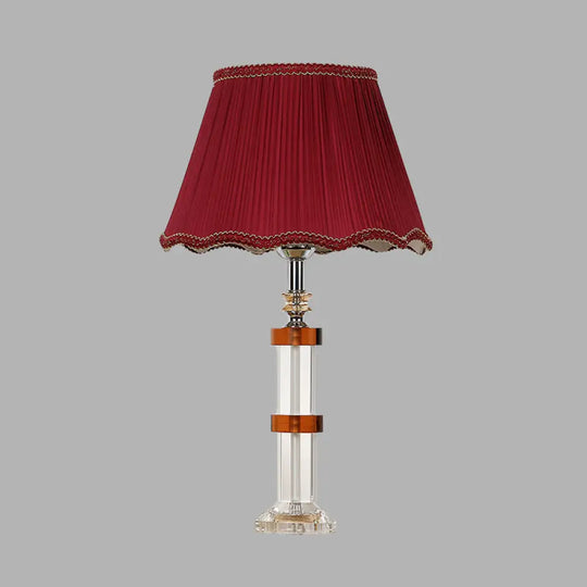 Red Fabric Shade Crystal Rectangle Night Lamp - Simple 1 Light Bedroom Table