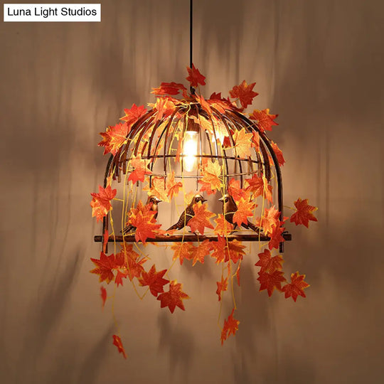 Red Farmhouse Pendant Lamp - 1-Light Birdcage Suspension With Leaf Decoration