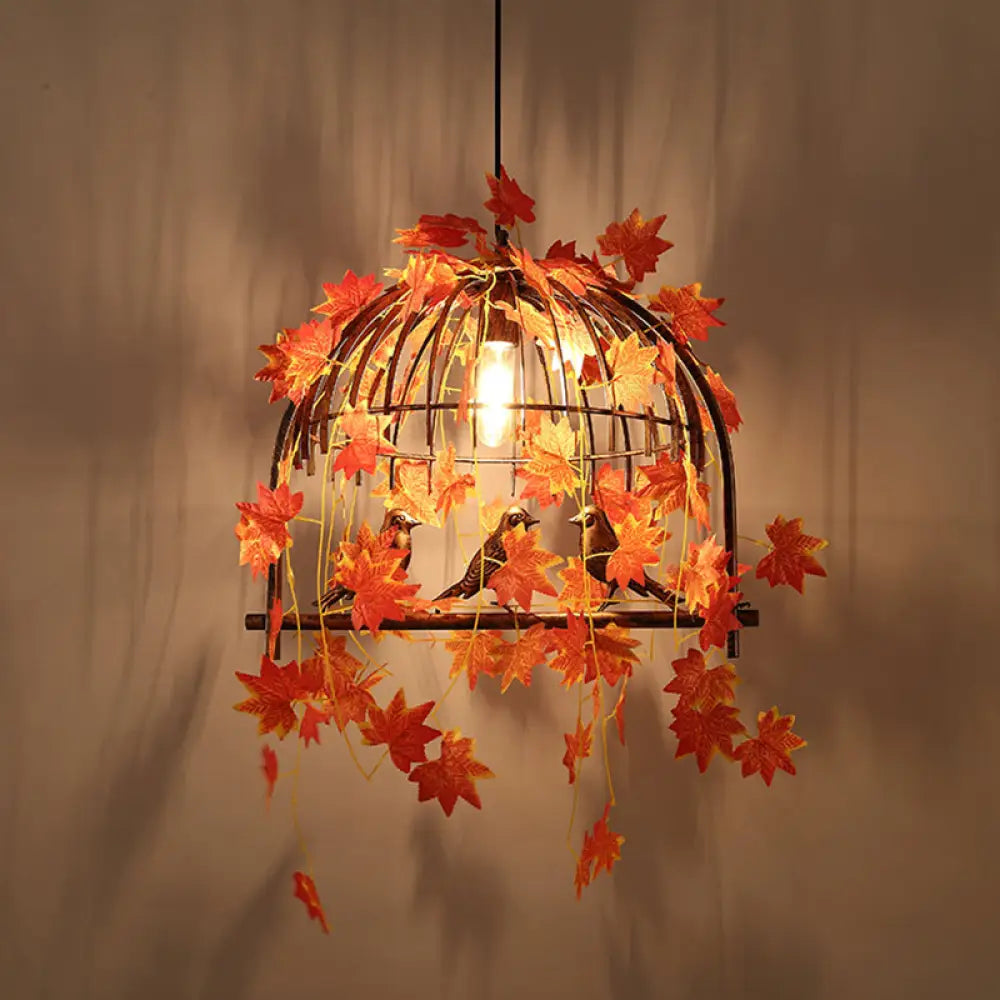 Red Farm Style Hanging Pendant Lamp With Birdcage Design And Maple Leaf Deco