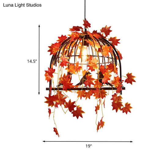 Red Farmhouse Pendant Lamp - 1-Light Birdcage Suspension With Leaf Decoration