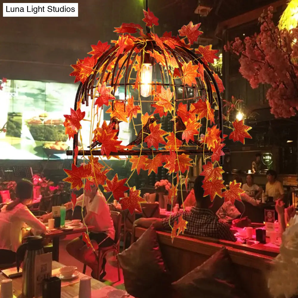 Red Farm Style Hanging Pendant Lamp With Birdcage Design And Maple Leaf Deco