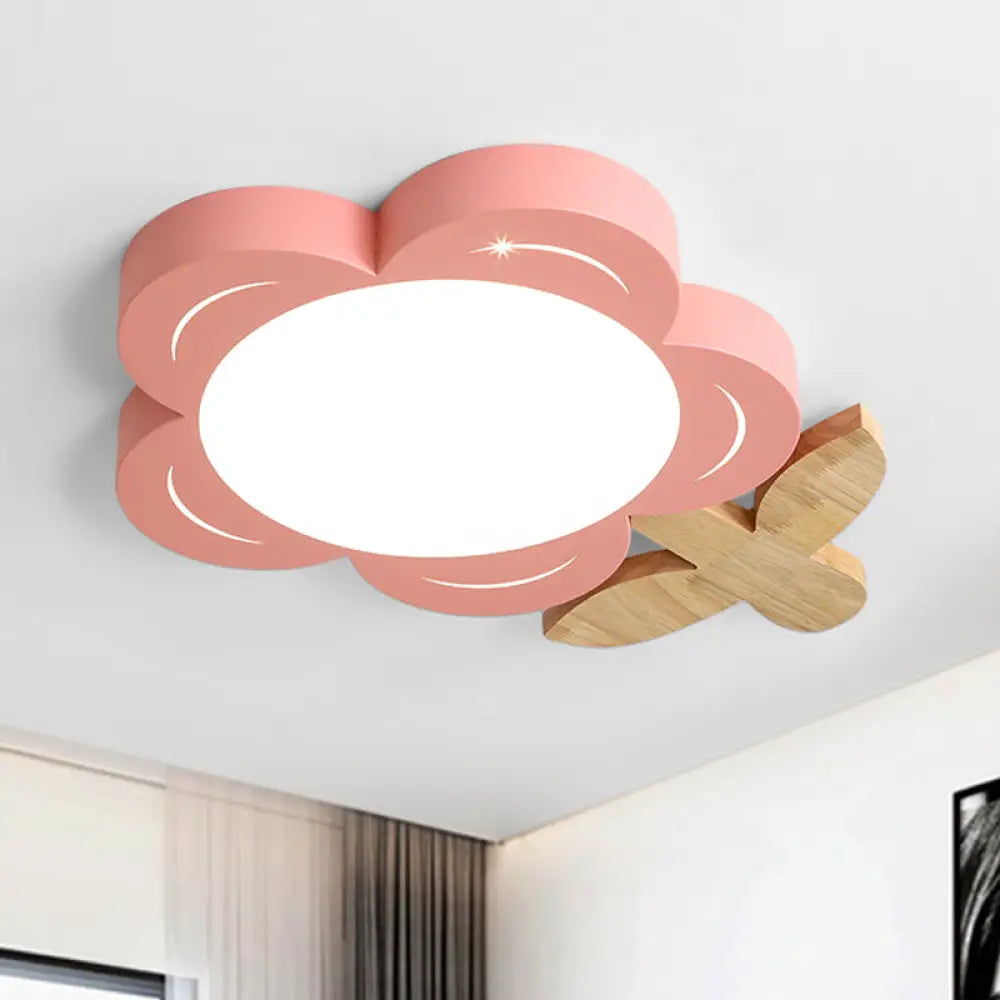 Red Floral Ceiling Led Nursery Light Fixture With Wood Décor - Kids’ Flush Mount Lighting