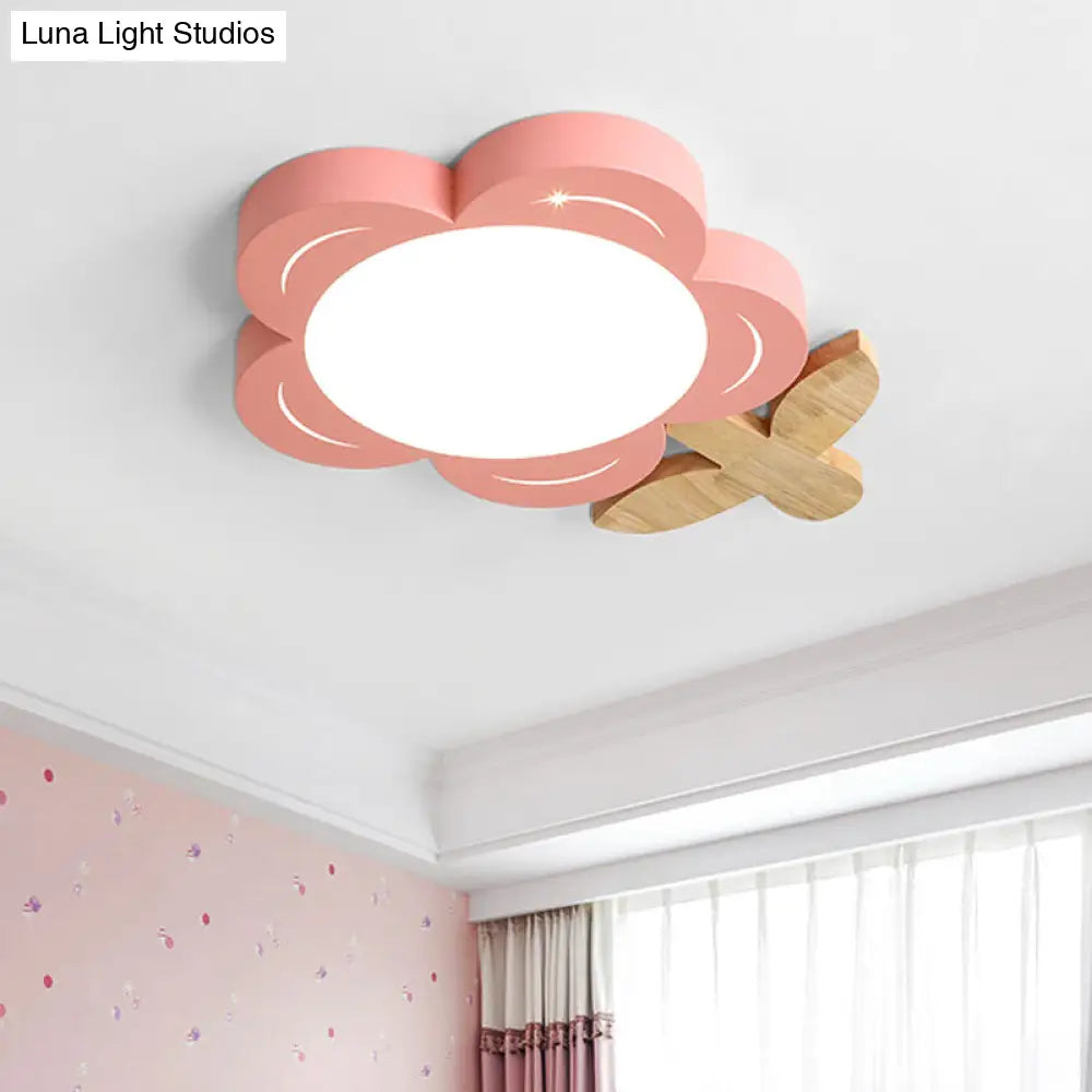 Red Floral Ceiling Led Nursery Light Fixture With Wood Décor - Kids Flush Mount Lighting