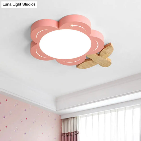 Red Floral Ceiling Led Nursery Light Fixture With Wood Décor - Kids Flush Mount Lighting