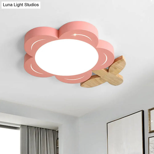 Red Floral Ceiling Led Nursery Light Fixture With Wood Décor - Kids Flush Mount Lighting