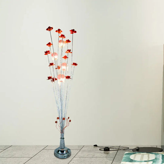 Red Flower Farmhouse Led Floor Lamp - Aluminum Wire Standing Light For Living Room