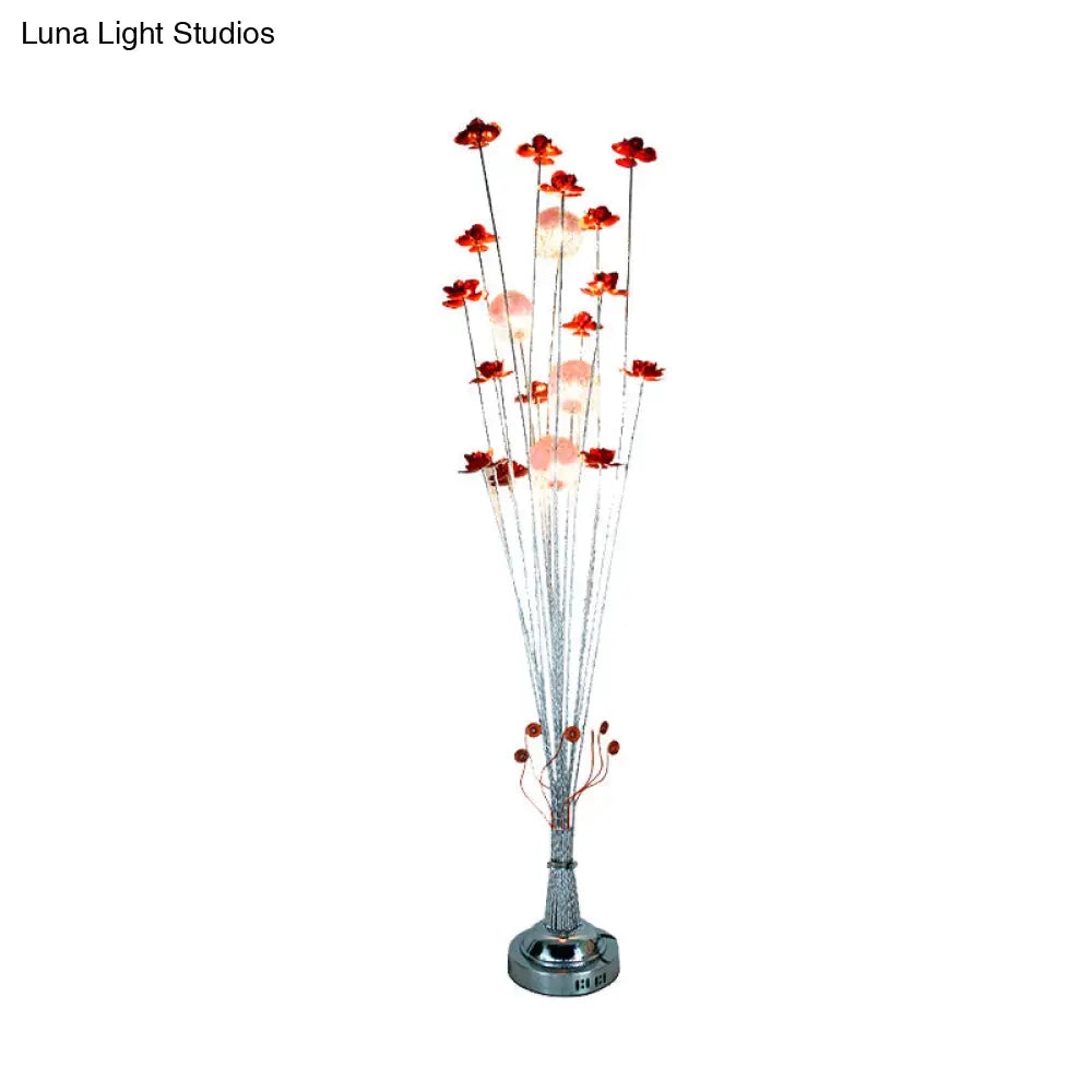 Red Flower Farmhouse Led Floor Lamp - Aluminum Wire Standing Light For Living Room