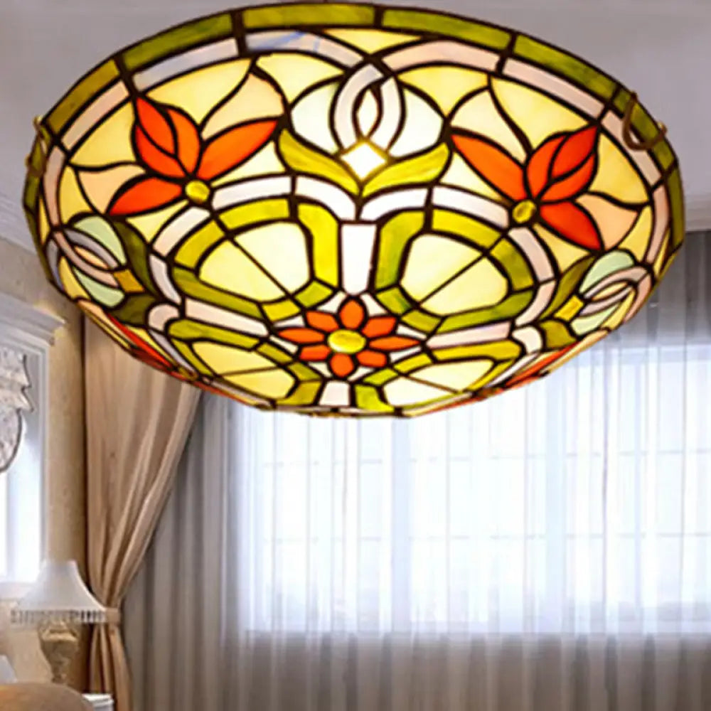 Red Flower Tiffany Stained Glass Ceiling Light: Round Flush Mount For Bedroom / 12’