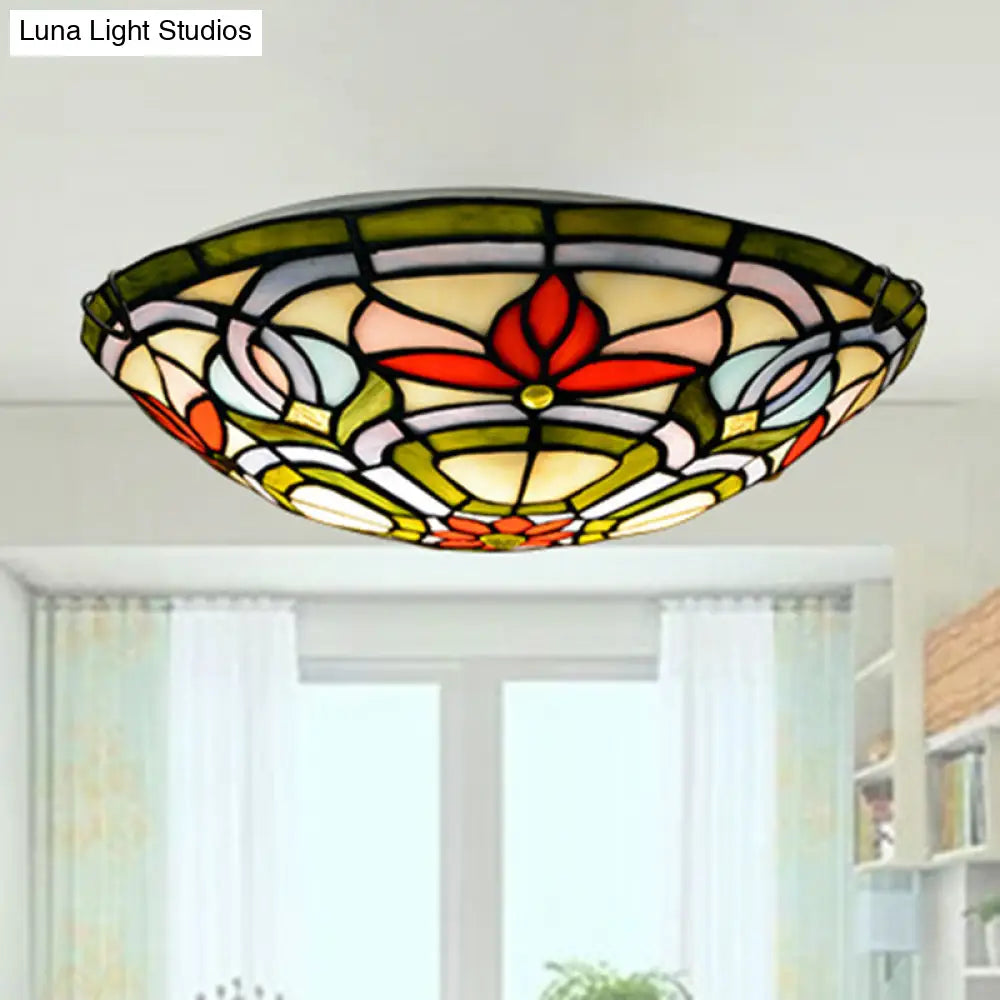 Red Flower Tiffany Stained Glass Ceiling Light: Round Flush Mount For Bedroom