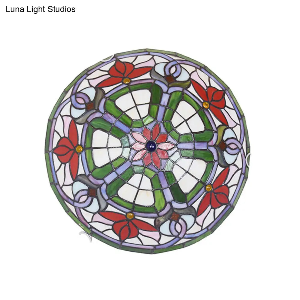 Red Flower Tiffany Stained Glass Ceiling Light: Round Flush Mount For Bedroom