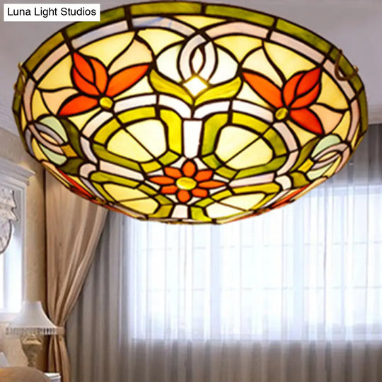 Red Flower Tiffany Stained Glass Ceiling Light: Round Flush Mount For Bedroom / 12