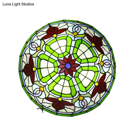 Red Flower Tiffany Stained Glass Ceiling Light: Round Flush Mount For Bedroom