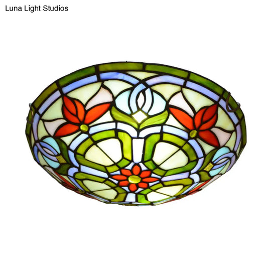 Red Flower Tiffany Stained Glass Ceiling Light: Round Flush Mount For Bedroom