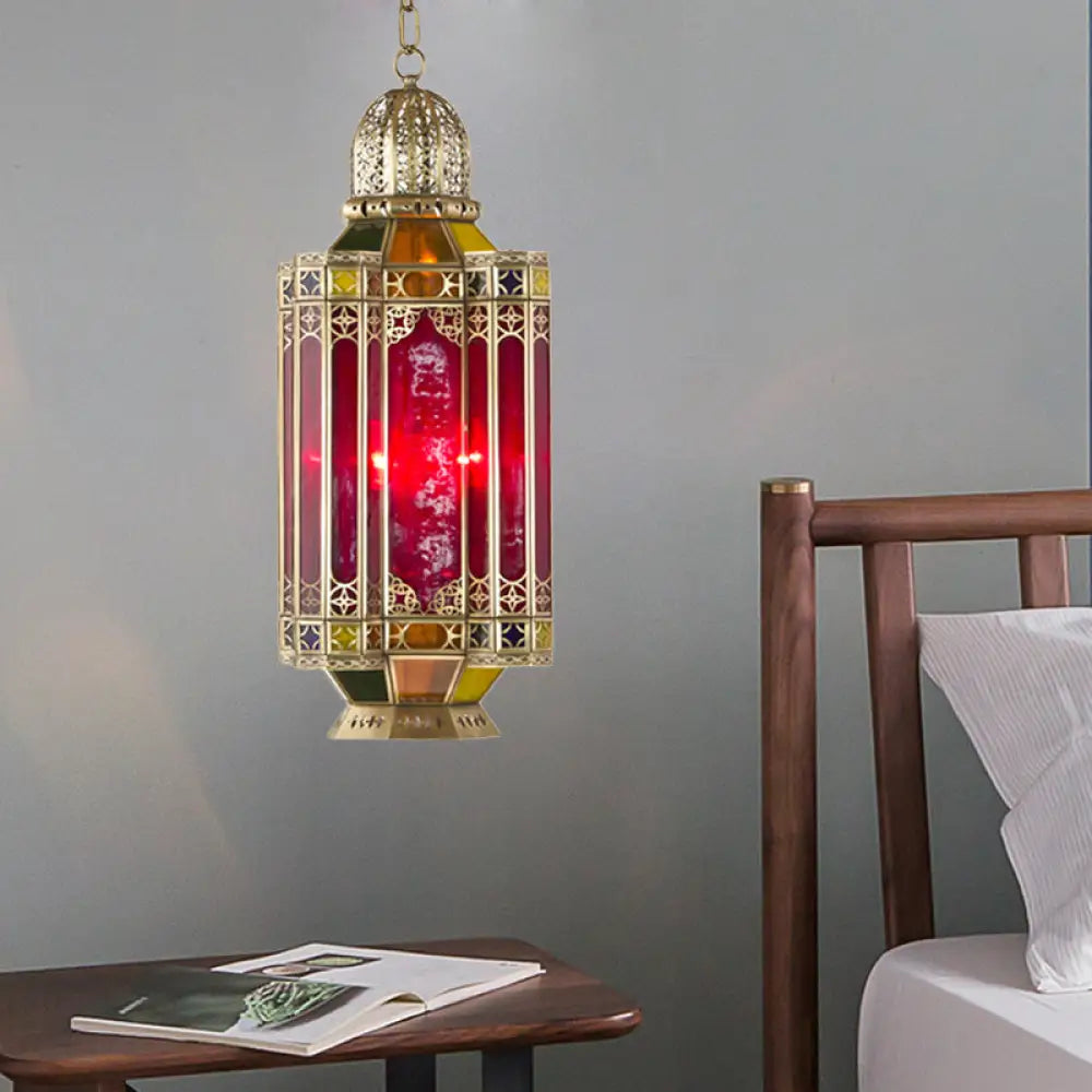 Red Glass Arab Lantern Chandelier With 3 Pendant Heads Brass Ceiling Light For Corridor