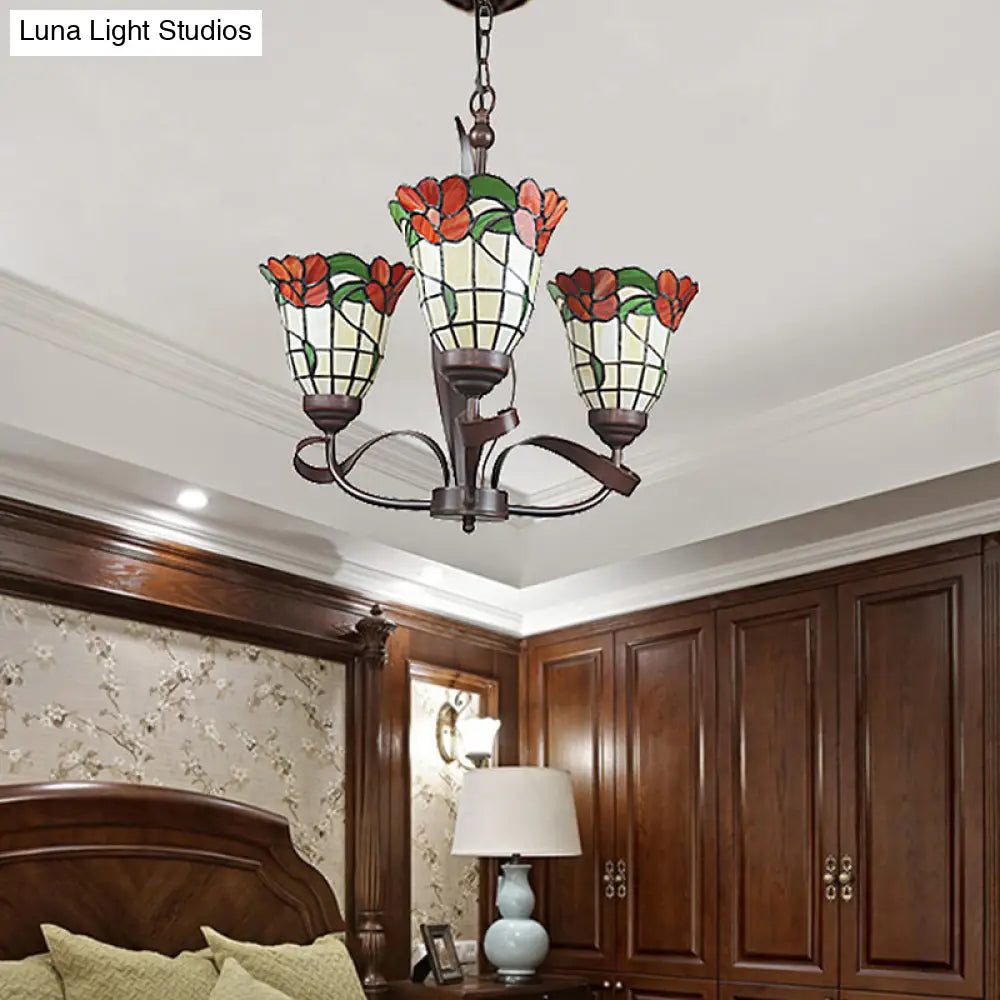 Red Glass Chandelier Pendant Light - Kitchen Ceiling Lamp With Blossom Design (3/5 Lights)