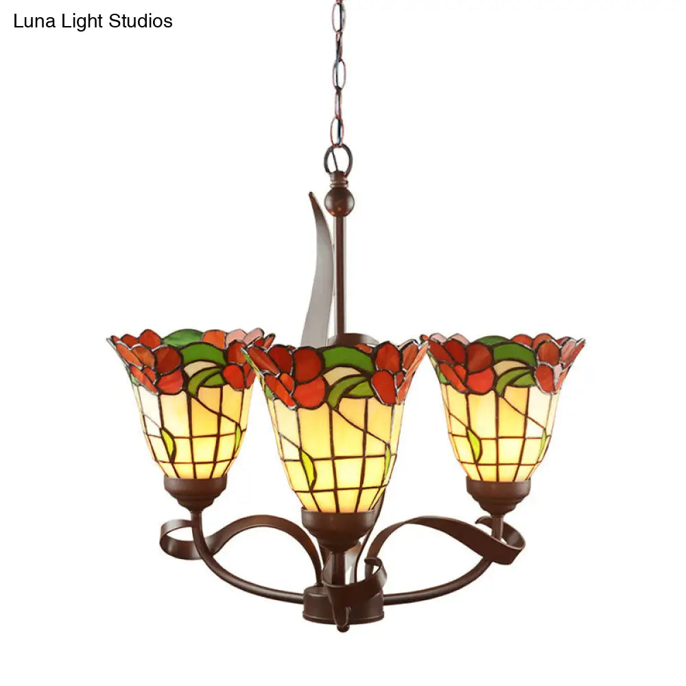 Red Cut Glass Chandelier Pendant Light - Mediterranean Ceiling Lamp With Blossom Design Ideal For