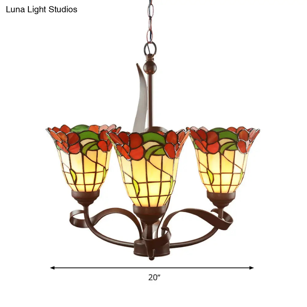 Red Glass Chandelier Pendant Light - Kitchen Ceiling Lamp With Blossom Design (3/5 Lights)