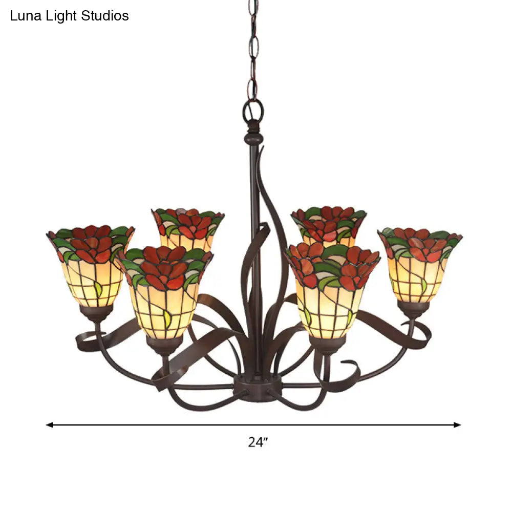 Red Cut Glass Chandelier Pendant Light - Mediterranean Ceiling Lamp With Blossom Design Ideal For