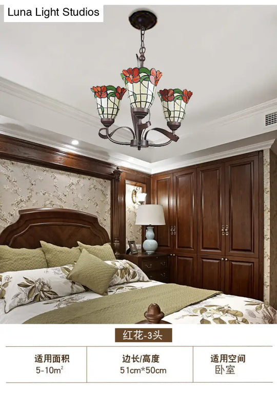 Red Cut Glass Chandelier Pendant Light - Mediterranean Ceiling Lamp With Blossom Design Ideal For