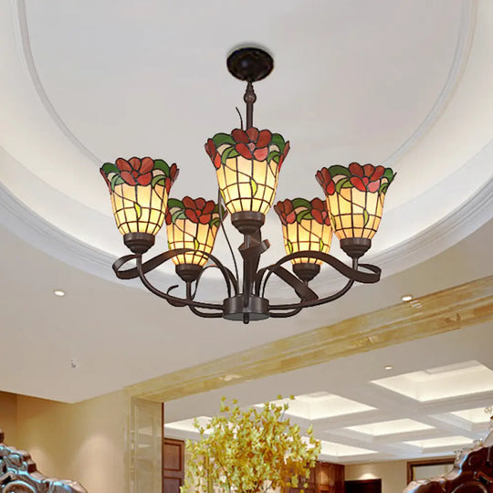 Red Glass Chandelier Pendant Light - Kitchen Ceiling Lamp With Blossom Design (3/5 Lights)