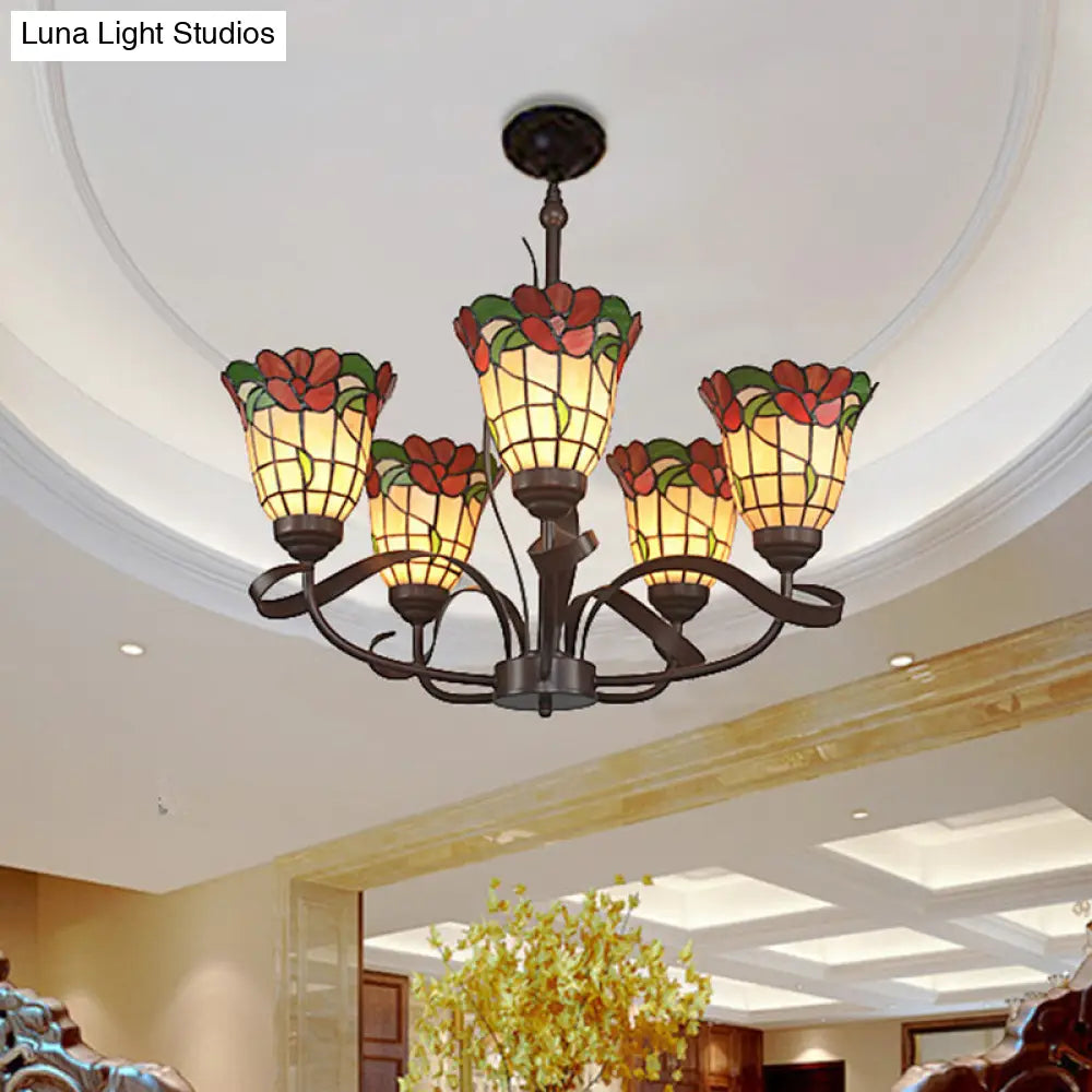 Red Cut Glass Chandelier Pendant Light - Mediterranean Ceiling Lamp With Blossom Design Ideal For