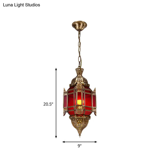 Red Glass Lantern Pendant Chandelier - Traditional Style 3 Light Brass Fixture