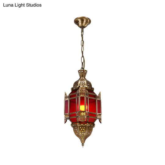 Red Glass Lantern Pendant Chandelier - Traditional Style 3 Light Brass Fixture