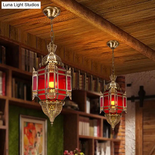 Red Glass Lantern Pendant Chandelier - Traditional Style 3 Light Brass Fixture