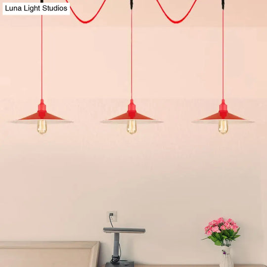 Flared Industrial Style Hanging Lamp Red 3/5 Light Fixture For Kitchen