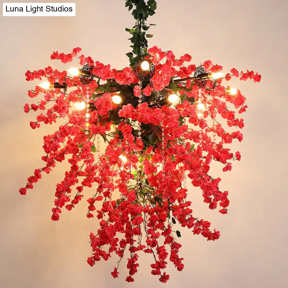 Red Starburst Flower Chandelier - Iron Pendant Light With Crystal Bead Strand