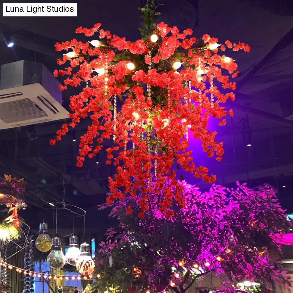 Red Starburst Flower Chandelier - Iron Pendant Light With Crystal Bead Strand