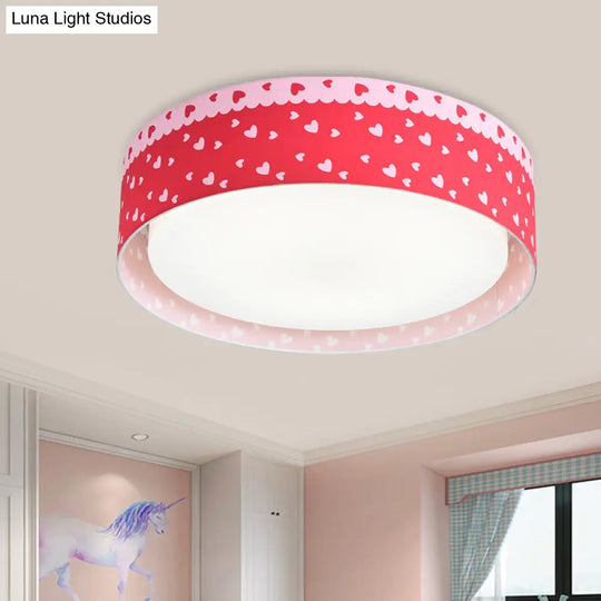 Red Kids Loving Heart Drum Flushmount Acrylic Led Ceiling Light For Childrens Bedroom