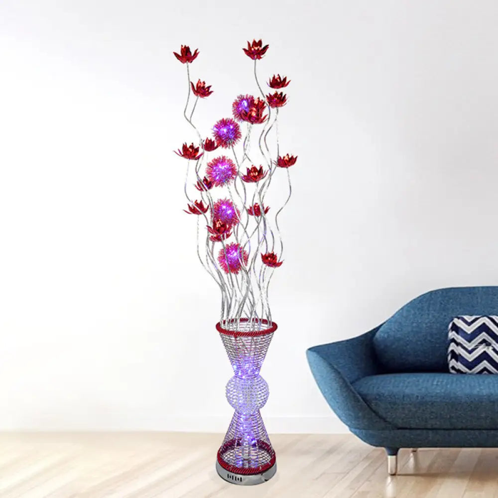 Red Led Aluminum Floor Lamp With Curved Stick And Floret: Art Decor Hourglass Light