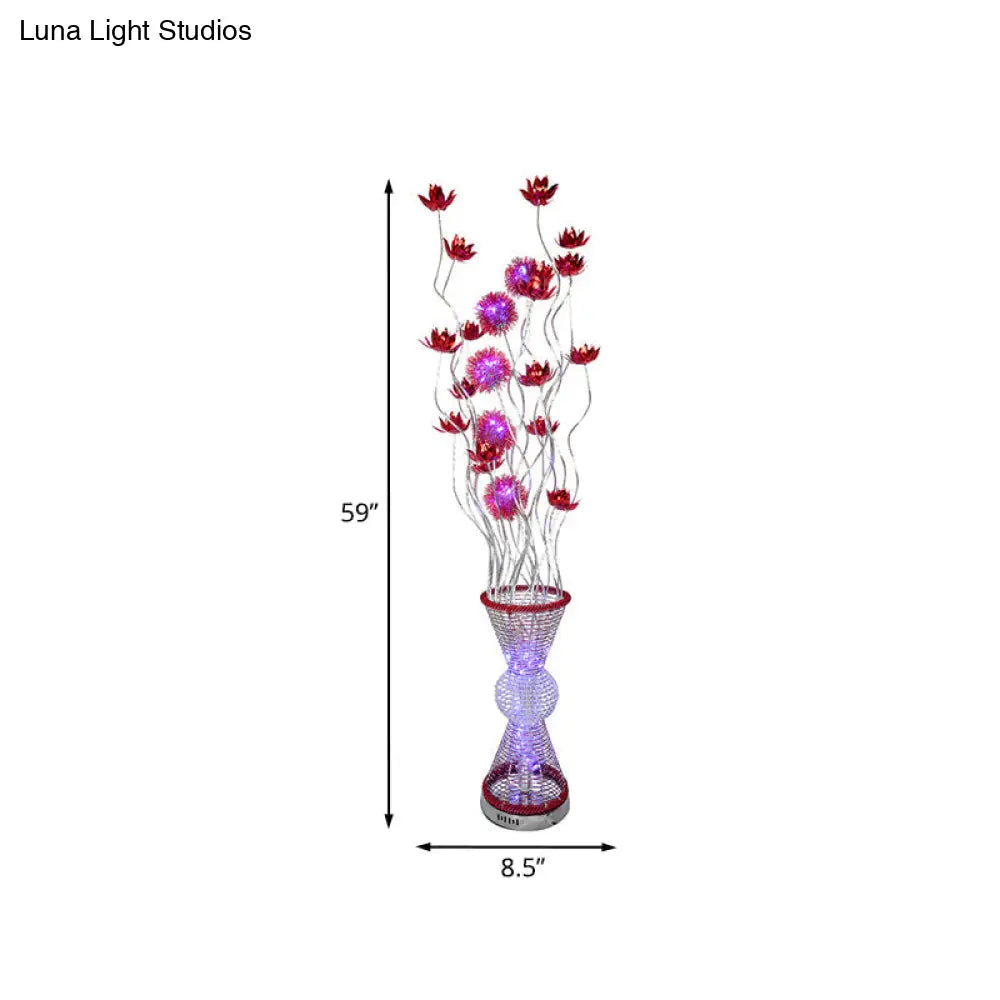 Red Led Aluminum Floor Lamp With Curved Stick And Floret: Art Decor Hourglass Light