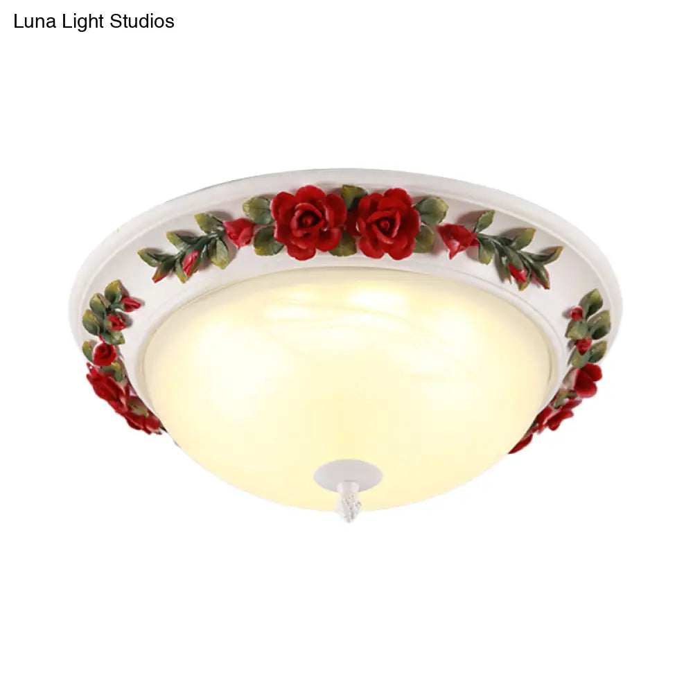 Red Led Ceiling Lamp - Korean Garden White Glass Dome Flush Mount Lighting - 12’/16’ With