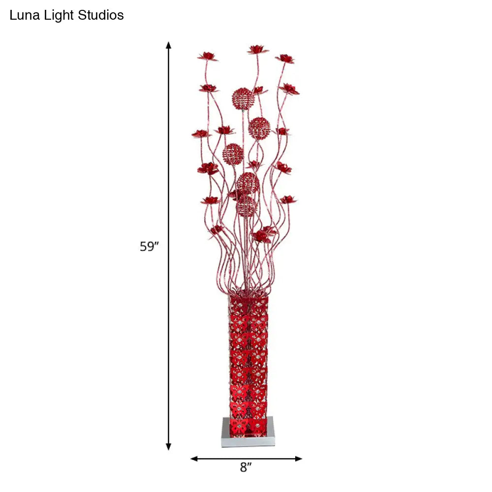 Red Led Flower Décor Floor Lamp - Metal Cuboid Standing Light With Crystal Embellishments