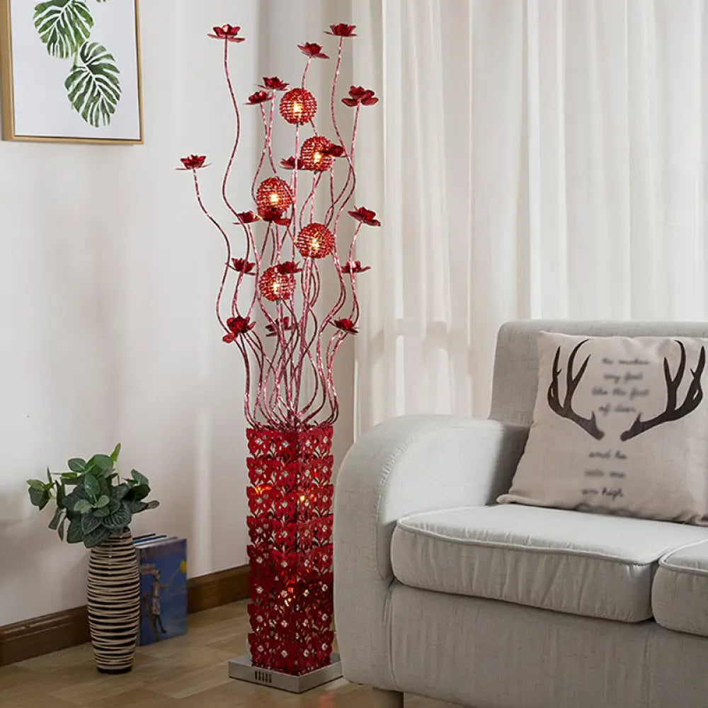 Red Led Flower Décor Floor Lamp - Metal Cuboid Standing Light With Crystal Embellishments