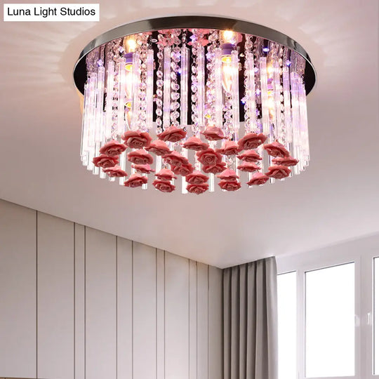 Red Led Round Ceiling Light With Stylish Crystal And Ceramic Design Rose Deco